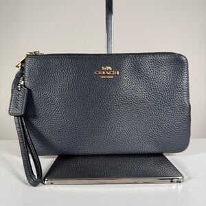 Coach F87587 Blue Pebbled Leather Double Zipper Wallet MSRP $175